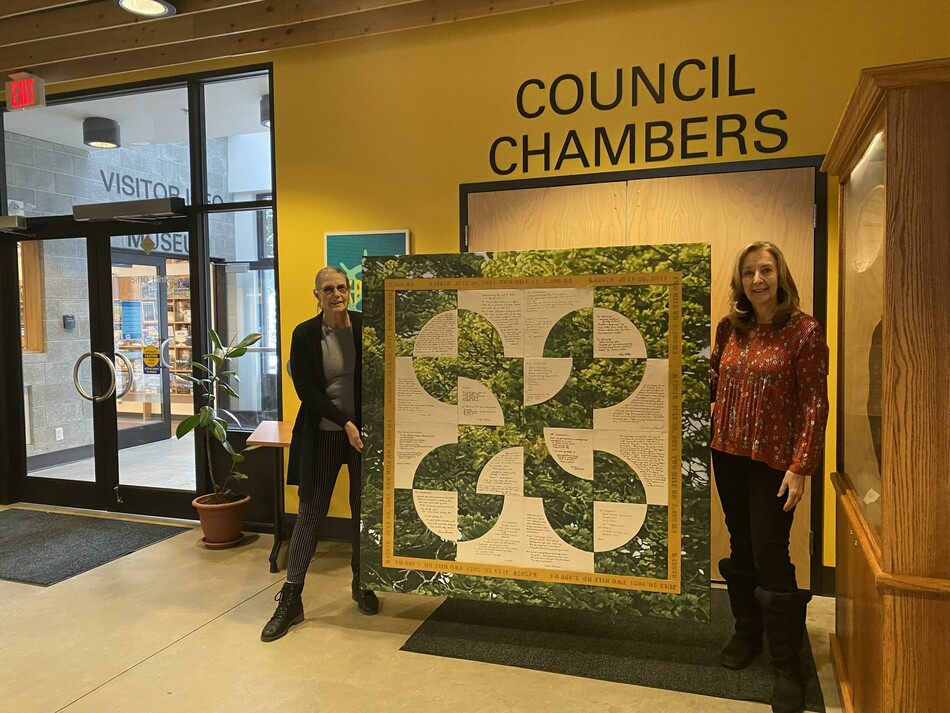 Councillor Pam Beech and local artist Carol Schlosar with artwork titled Wildfire K4207. 