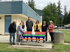 Photo from left: Sicamous Mayor Terry Rysz, Grade 6 student Hazel Spanke, Carol-Ann Leidloff and Ryan Brennan (SD#83), Tracey Wiebe (Parkview PAC), Principal Carla Schneider and PAC President Siobhan Rich unveil the new Buddy Bench at Parkview Elementary