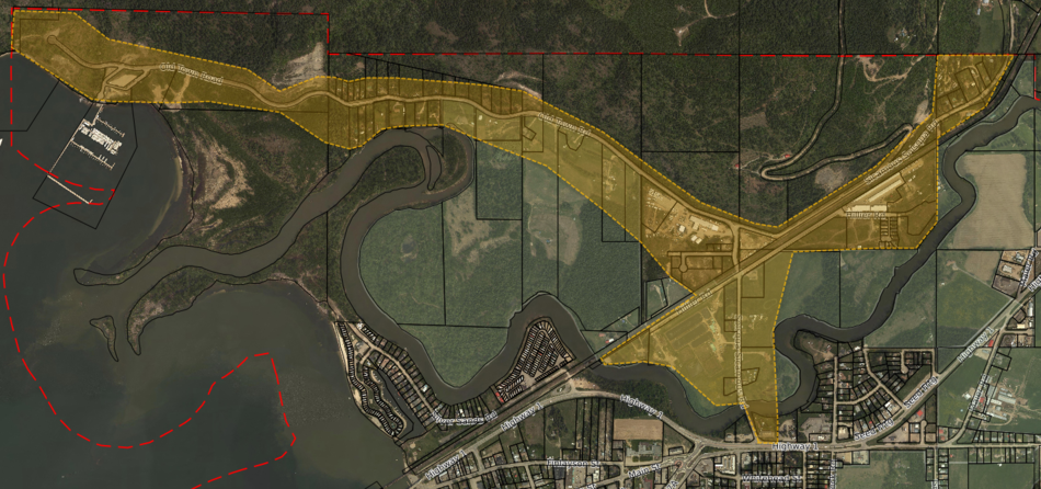 Aerial view of Sicamous highlighting affected areas.